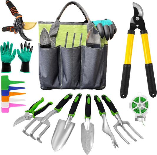 Gardening Tools – 42 Piece Premium Gardening Tool Set,Heavy Duty Hand Tools with Fashion Garden Tools Organizer Handbag,Rust-Proof Gardening Tool Kit, Ideal Gardening Gifts for All (Green/Grey)