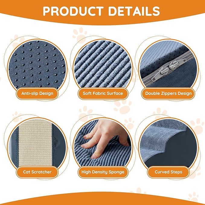 Pet Stairs, Dog Stairs for Small Dogs, Dogs Steps, 5-Step Curved Dog Ramp for Bed, Couch, Sofa, Car and Chairs, Non-Slip Bottom Design, Cat Scratching Board, High Density Foam Portable Pet Step, Navy