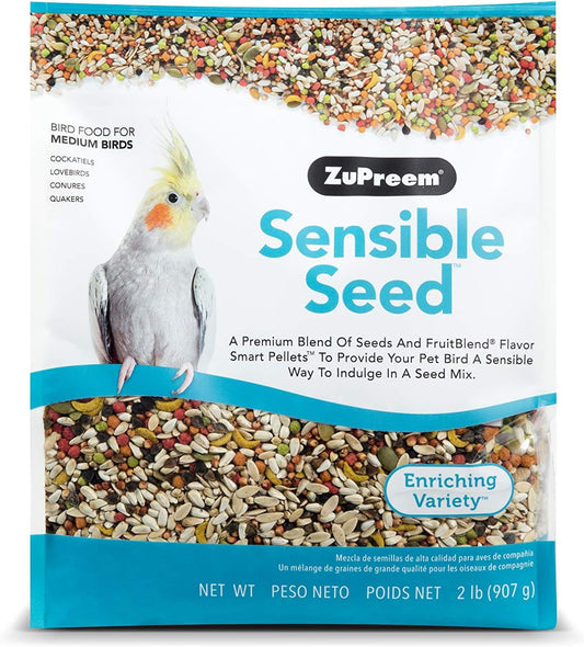 ZuPreem Sensible Seed Bird Food, Cockatiel, Lovebird, Quaker, Small Conure, Seed and Pellet Blend for Medium Birds, Food Mixer Topper, Enriching Variety, Made in the USA, (M, 2 lbs)