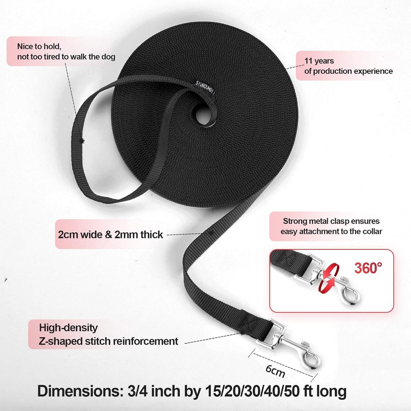 Dog/Puppy Obedience Recall Training Agility Lead -15ft 20ft 30ft 40ft 50ft Training Leash - Great for Play, Camping, or Backyard - Black 50ft