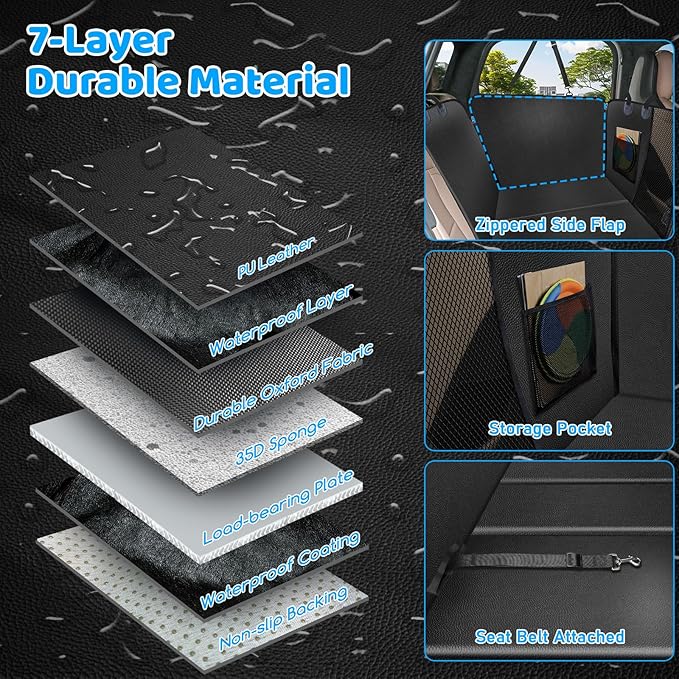 URPOWER PU Leather Back Seat Extender for Dogs – Hard Bottom Dog Car Seat Cover Holds 400 lbs, Anti-Scratch & Waterproof Dog Hammock for Full Size SUVs & Trucks, Dogs Car Bed Pet Backseat Protector