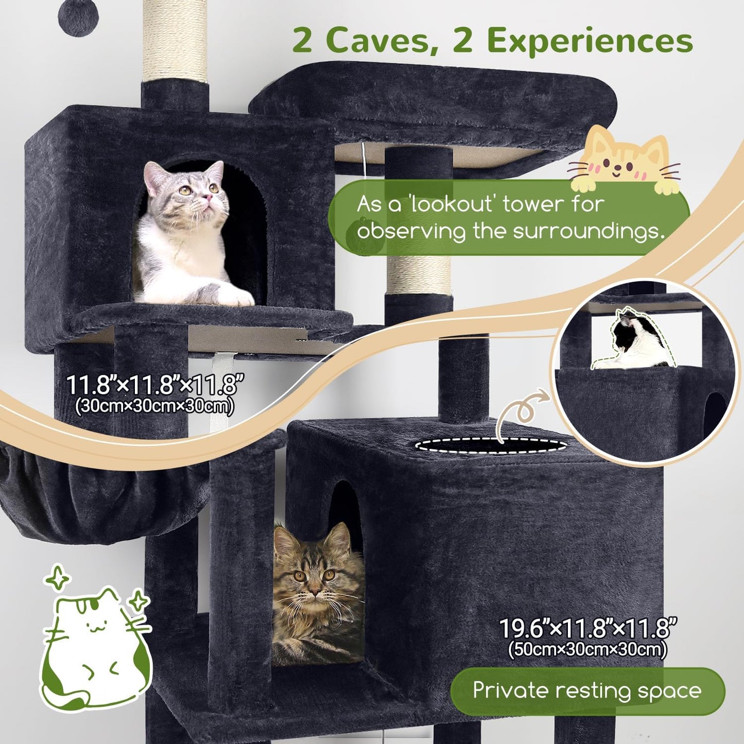 Globlazer Cat Tree Tower, 76-Inch Extra Tall Multi-Level Cat Furniture with Cozy Condos, Hammock and Perches for Adult Cats, Perfect for Climbing, Scratching, and Play, F76, Dark Grey