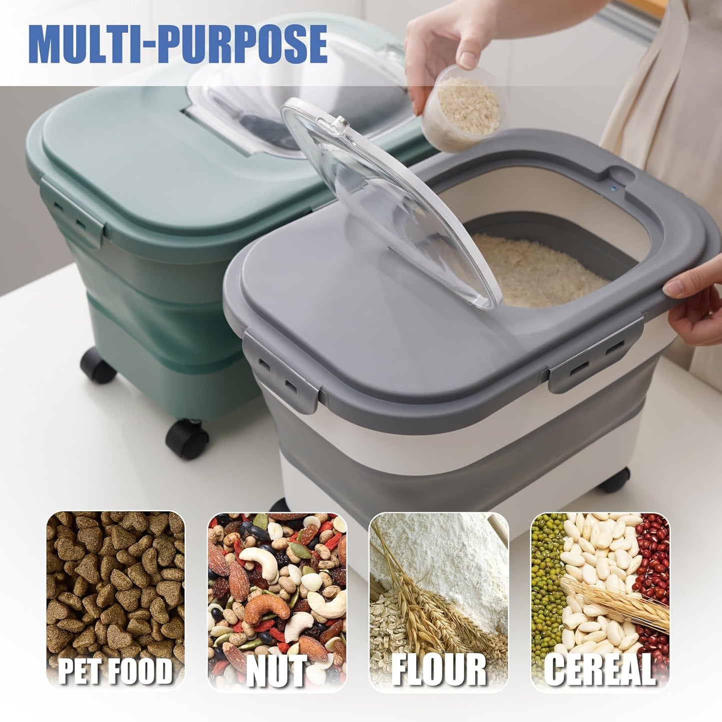 Collapsible Dog Food Storage Container, Airtight 30 35 Lbs Rice Cereal Flour Sugar Containers, Sealable Plastic 20 25 Pound Dog Pet Cat Bird Seed Kitchen Pantry Holder Bin Bucket with Rolling Wheel