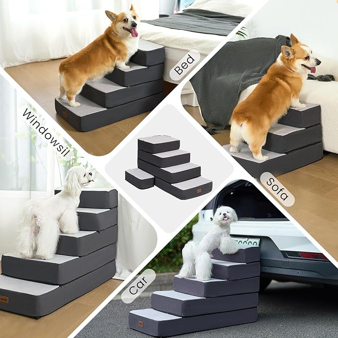 3-Step Adjustable Dog Stairs for Sofa and Couch, Dog Steps for Small Dogs and Cats, Foldable Pet Stairs for Low Bed Climbing, Non-Slip Pet Step Indoor, Grey