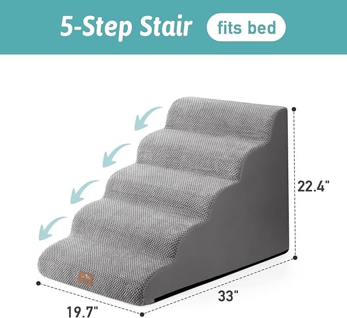 Wide Dog Stairs 19.7" Width, Pet Step for Small/Medium/Large Dog, Puppy or Cat, Pet Ramp for High Bed or Car, High Density Foam Ladder, 19.7x33x22.4 in, Stable, 5 Step, Grey