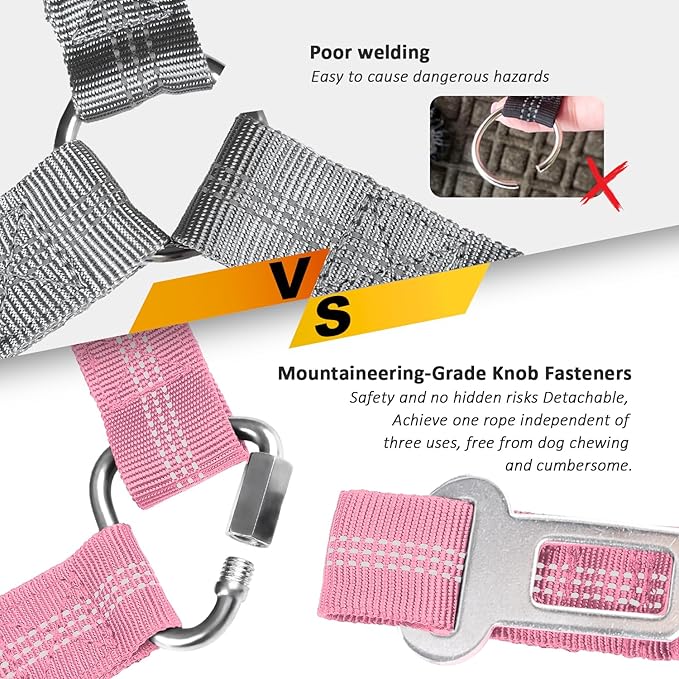 Removable Dog Seat Belt Harness for Car, 3 in 1 Pet Dog Car Seatbelt Leash, Retractable Restraint Secures to Vehicle Headrest & Adjustable Reflective Bungee Dog Seatbelt Tether, Pink and Black
