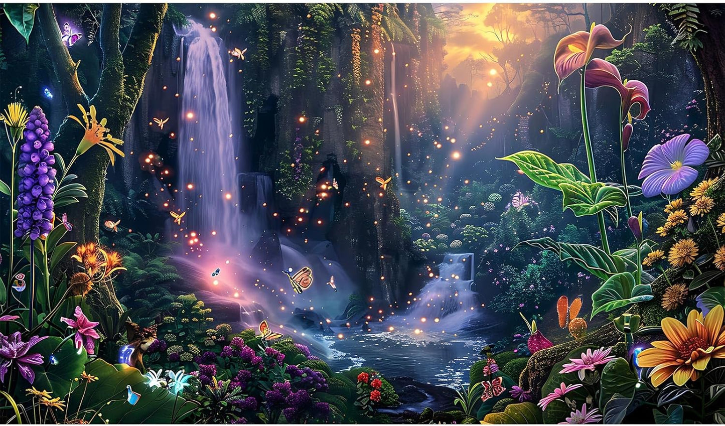 Fantasy Garden Aquarium Background Sunset Waterfall and Flowers Terrarium Backdrop Tropical Forest Lush Plant Magic Butterfly Lights Flowers Fish Tank Background Poster Decorations 36x20in