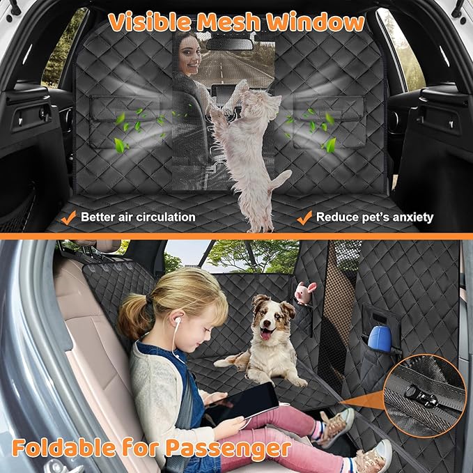 URPOWER High Barrier Back Seat Extender for Dogs, Hard Bottom Dog Car Seat Cover Holds 400 lbs, Waterproof Dog Hammock for Cars, SUV, Small Truck, Dogs Car Bed Pet Backseat Protector with Mesh Window