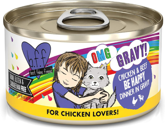 Weruva B.F.F. OMG - Best Feline Friend Oh My Gravy!, Chicken & Beef Be Happy with Chicken & Beef in Gravy, 2.8oz Can (Pack of 12)