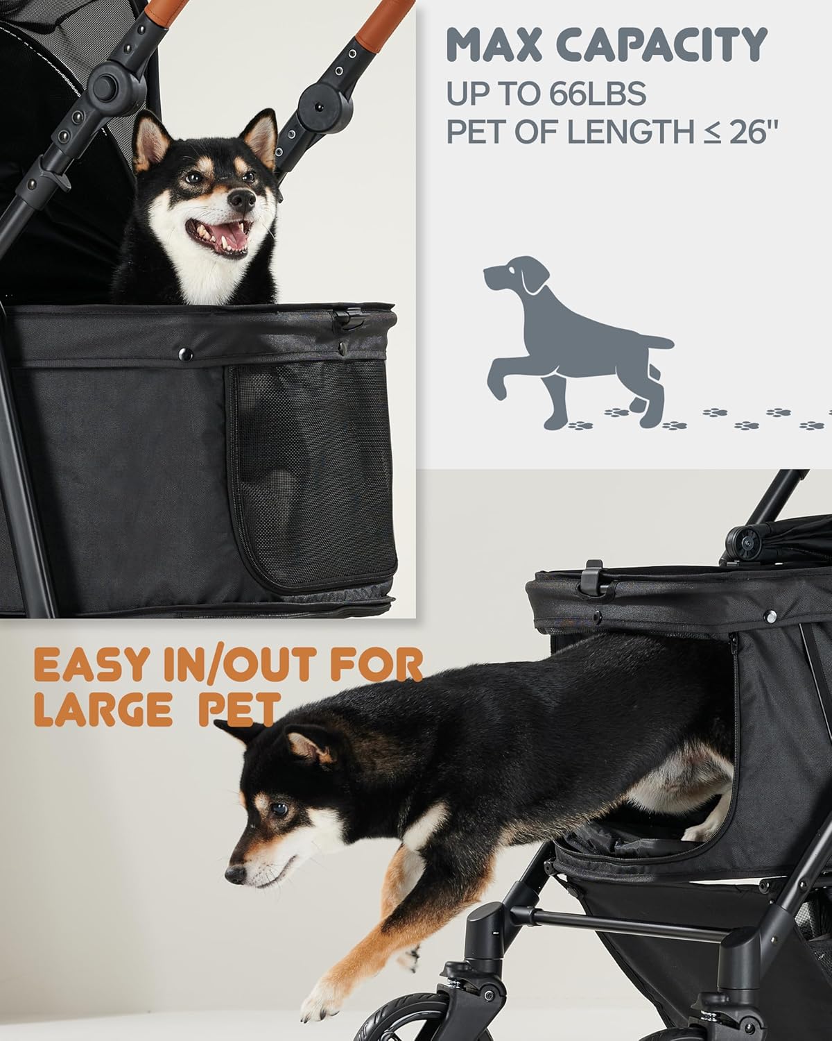 Medium Dog Stroller for Large Dogs, pet Stroller for Medium Dogs Up to 66lbs, All-Terrain with Adjustable Handle & Canopy, Sun Shades, Storage Organizer, Waterproof Oxford Fiber