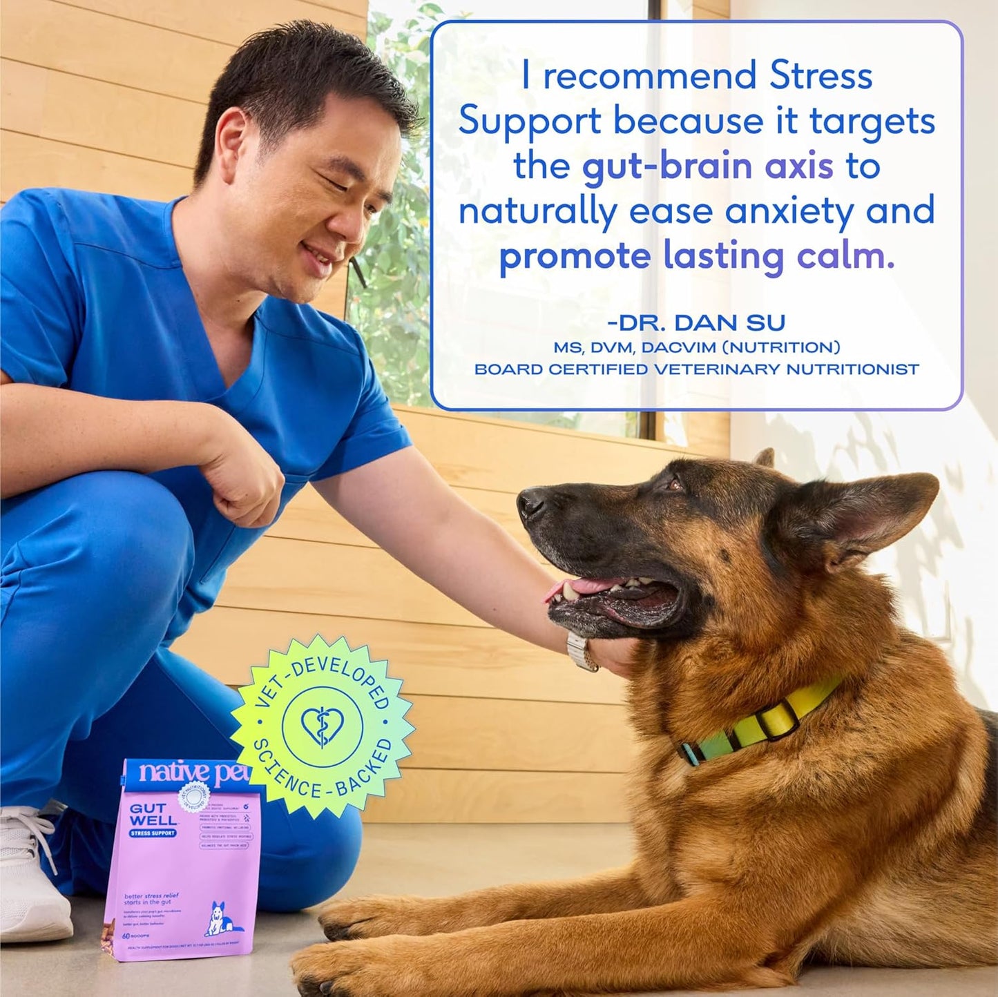 GutWell Stress Support - Dog Anxiety Relief & Calming Treats - Tasty Food Topper for Dog Stress and Anxiety Relief - Support Gut-Brain Axis with Triple-biotic Blend & Magnesium - 60 Scoops