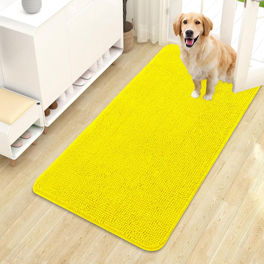 OLANLY Dog Door Mat for Muddy Paws 44x24, Absorbs Moisture and Dirt, Absorbent Non-Slip Washable Doormat, Quick Dry Chenille Mud Mat, Entry Indoor Entryway Carpet for Inside Floor, Lemon Yellow