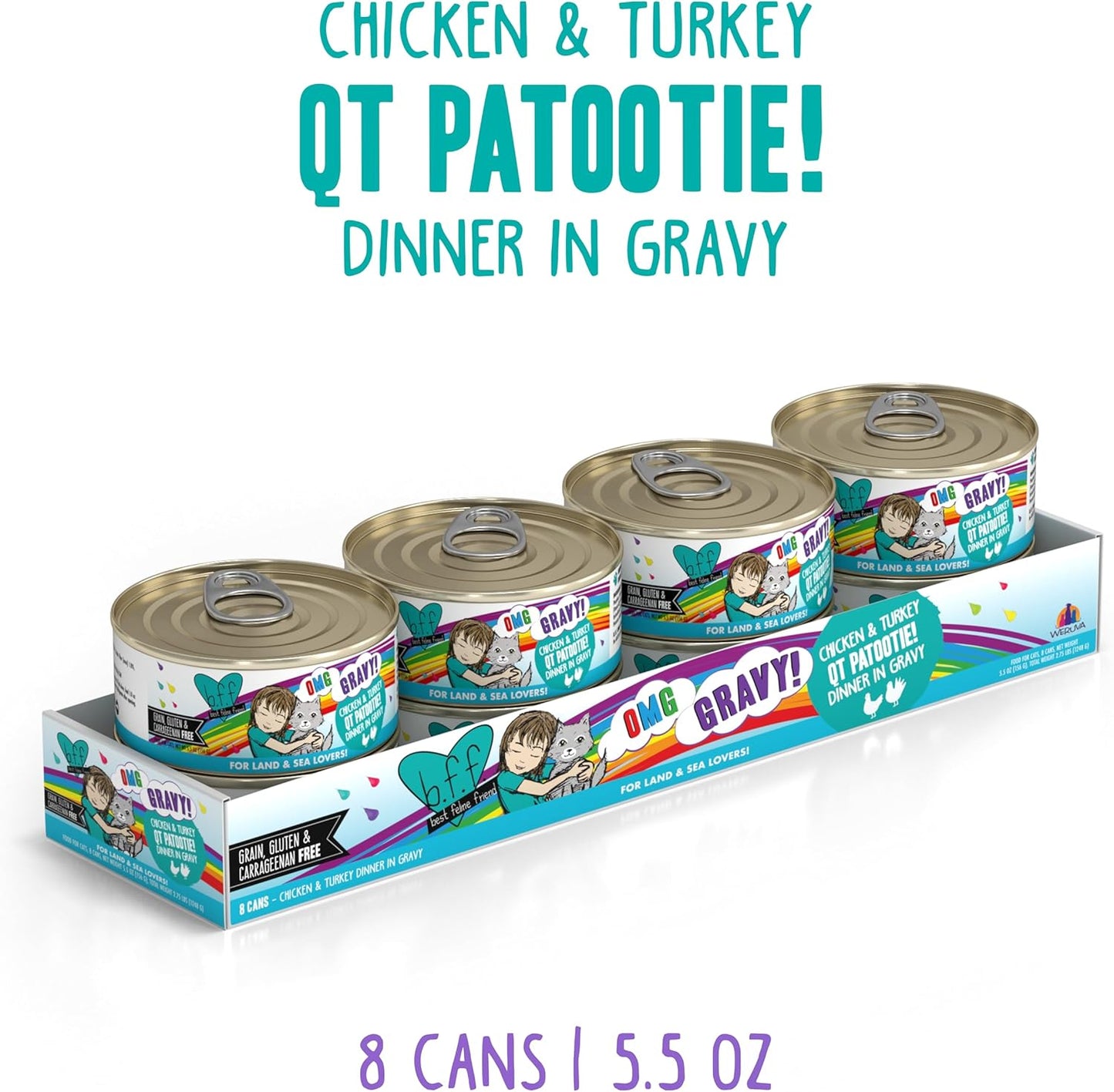 Weruva B.F.F. OMG - Best Feline Friend Oh My Gravy!, QT Patootie! with Chicken & Turkey in Gravy Cat Food, 5.5oz Can (Pack of 8)