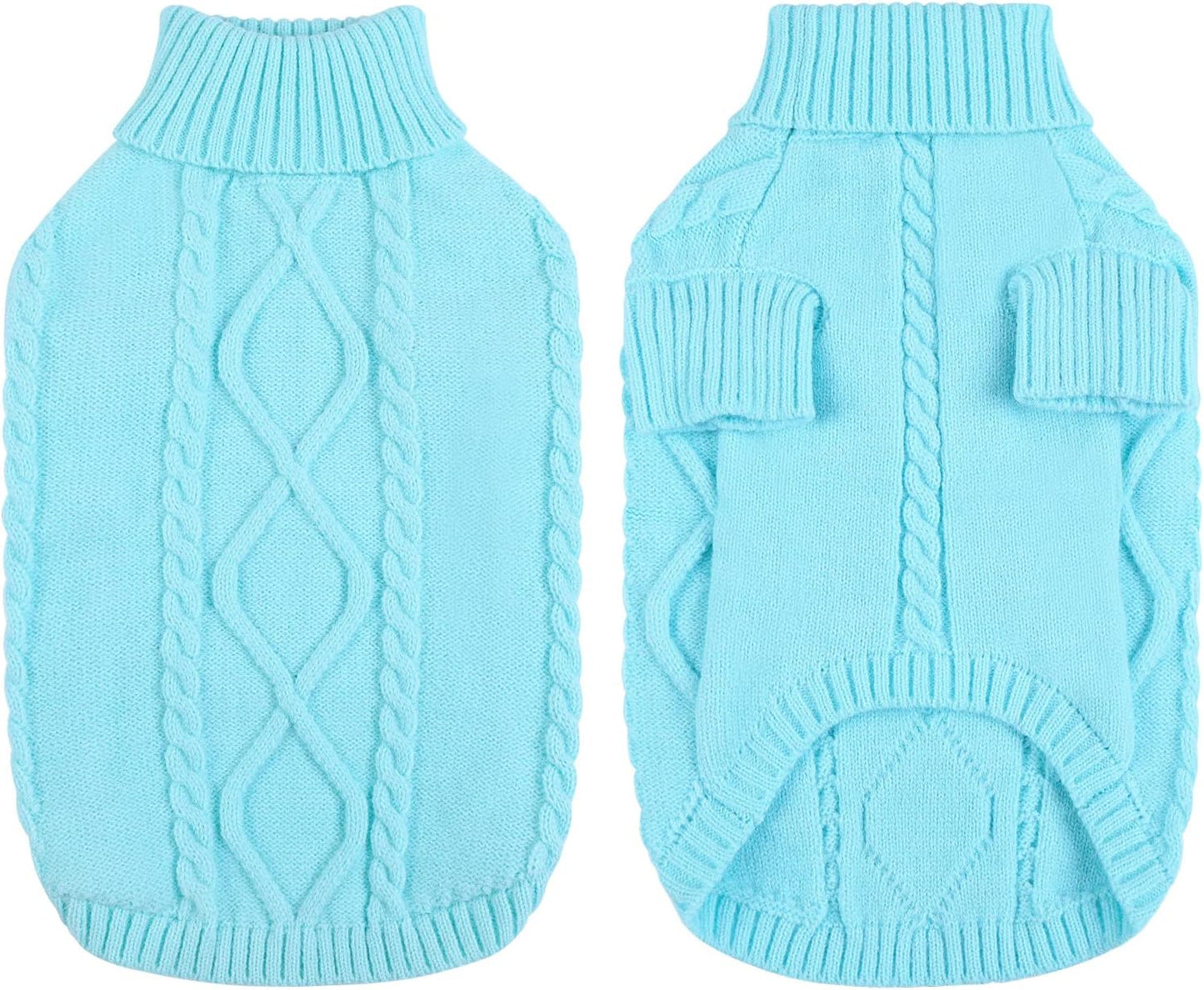 Queenmore Small Dog Pullover Sweater, Cold Weather Cable Knitwear, Classic Turtleneck Thick Warm Clothes for Chihuahua, Bulldog, Dachshund, Pug (Sky Blue, Small)