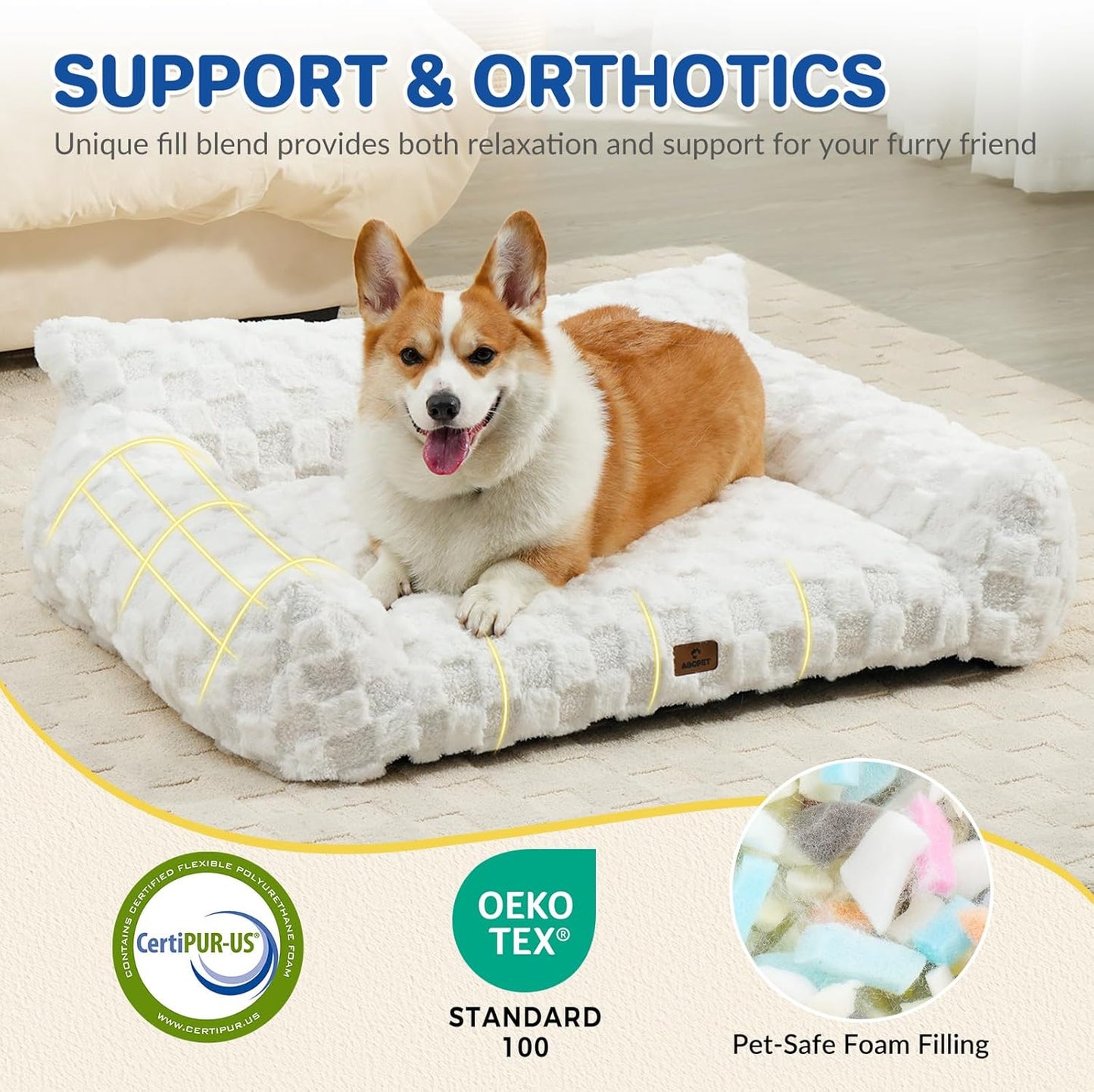 Large Dog Bed Sofa, Fluffy Pet Bed for Medium and Large Dogs, Supportive Dog Couch Sofa for Dogs, Pet Sofas with Washable Cover & Non-Slip, 38 inch, White