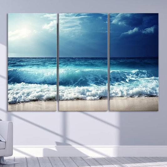 Nature Wall Art Prints - Ocean Forest Mountain Lake Canvas Landscapes - Small to Extra Large Living Room Bedroom Kitchen Bathroom Décor (Summer Ocean Beach, 47L" x 71W" - 3 panels)