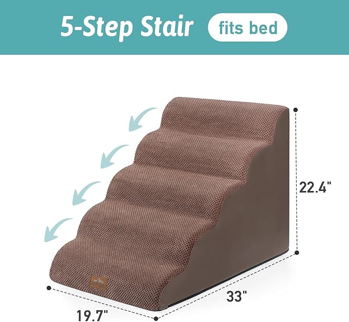 Extra Wide Dog Stairs 19.7" Width, Large Pet Step for Small Medium Dog, Puppy or Cat, Ramp for High Bed or Car, High Density Foam Ladder, Stable, 5 Step, 19.7x33x22.4 inch, Brown