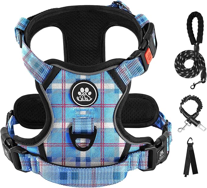 IVY&LANE No Pull Dog Harness with Leash Set, Reflective No Choke Pet Vest,Adjustable Oxford Dog Vest Harness with Easy Control Handle for Medium Lagre Dogs (Checkered Blue,M)