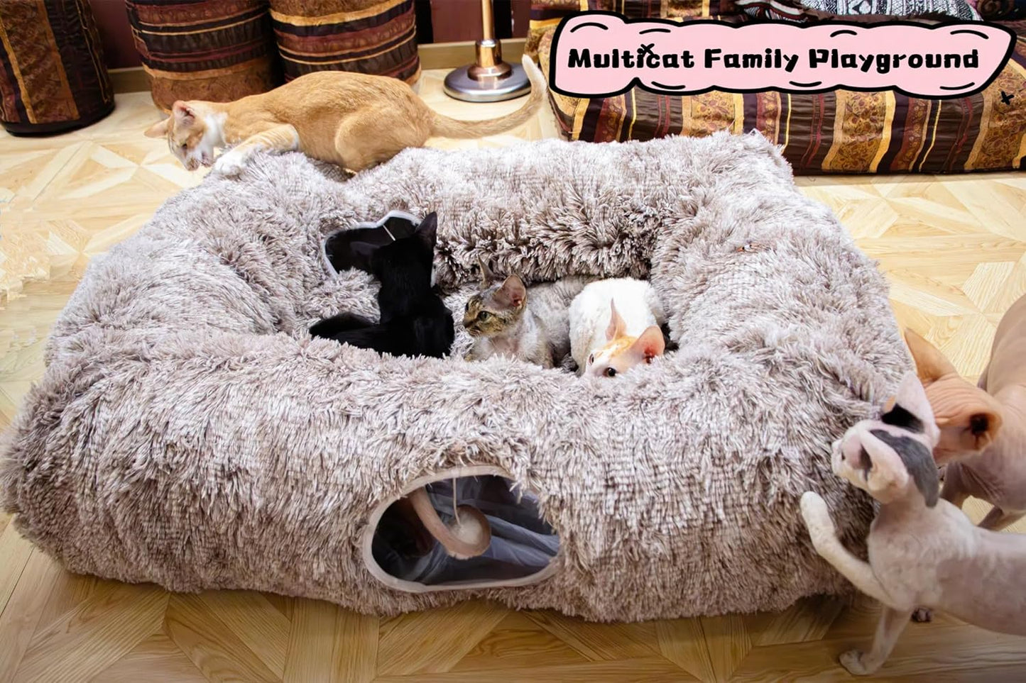 XxingSheep 4 Cave Shuttled XL Cat Tunnel Bed for Indoor Cats Peekaboo Toy Donut with Warm Mat, Yellow-Brown