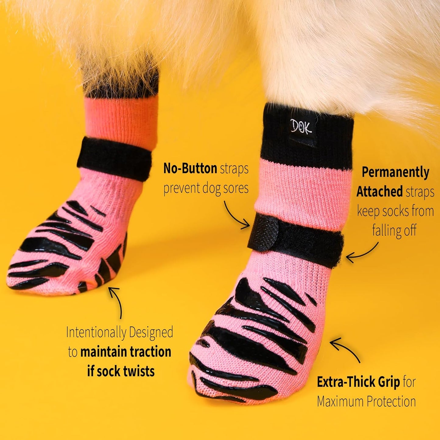 DOK TigerToes Premium Non-Slip Dog Socks for Hardwood Floors - Extra-Thick Grip That Works Even When Twisted - Prevents Licking, Slipping, and Great for Dog Paw Protection (Sassy Pink, X-Small)