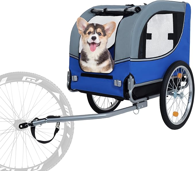 Blue-Grey Large Folding Bike Trailer for Dogs – Heavy-Duty Steel Frame, 66LB Capacity Pet Carrier for All-Terrain Cycling, Jogging & Camping Adventures!