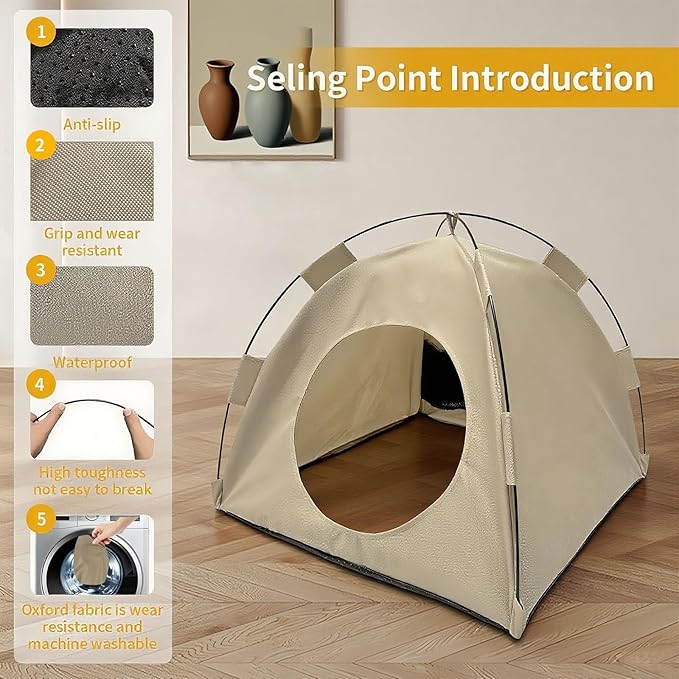 BreezyDen Pop-Up Pet Tent – Portable Hideaway for Cats & Small Dogs, Portable Indoor/Outdoor Pet Tent House with Mesh Window, Waterproof, Breathable, Scratch-Resistant, Fully Washable (Beige,L)