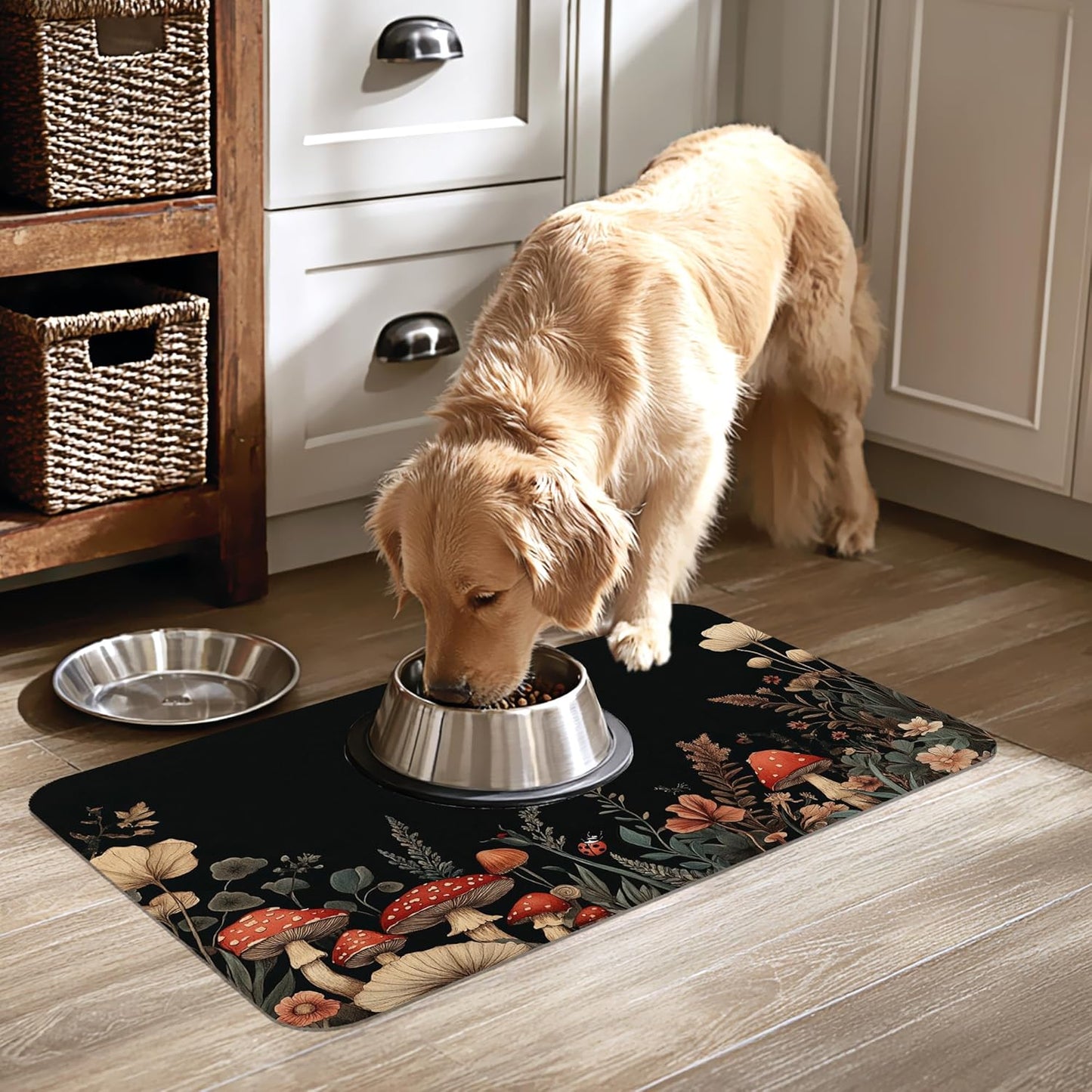 Vintage Mushroom Flower Pet Cat Dog Food Mat-Absorbent Quick Dry Feeding Placemat for Water and Food, No Stains Rubber Base Mat for Indoor Use, Pet Accessories 12"x20"