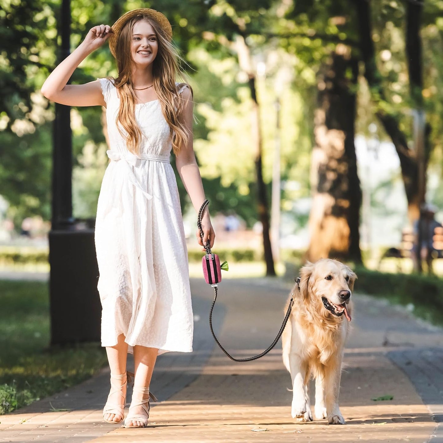 Dog Poop Bag Holder for Leashes - Dog Poop Bag Dispenser and Treat Holder with 2 Waterproof Pouches for Pet Waste Bags and Walking Accessories + 1 Free Roll - Leashrr 2.0 (Pink)