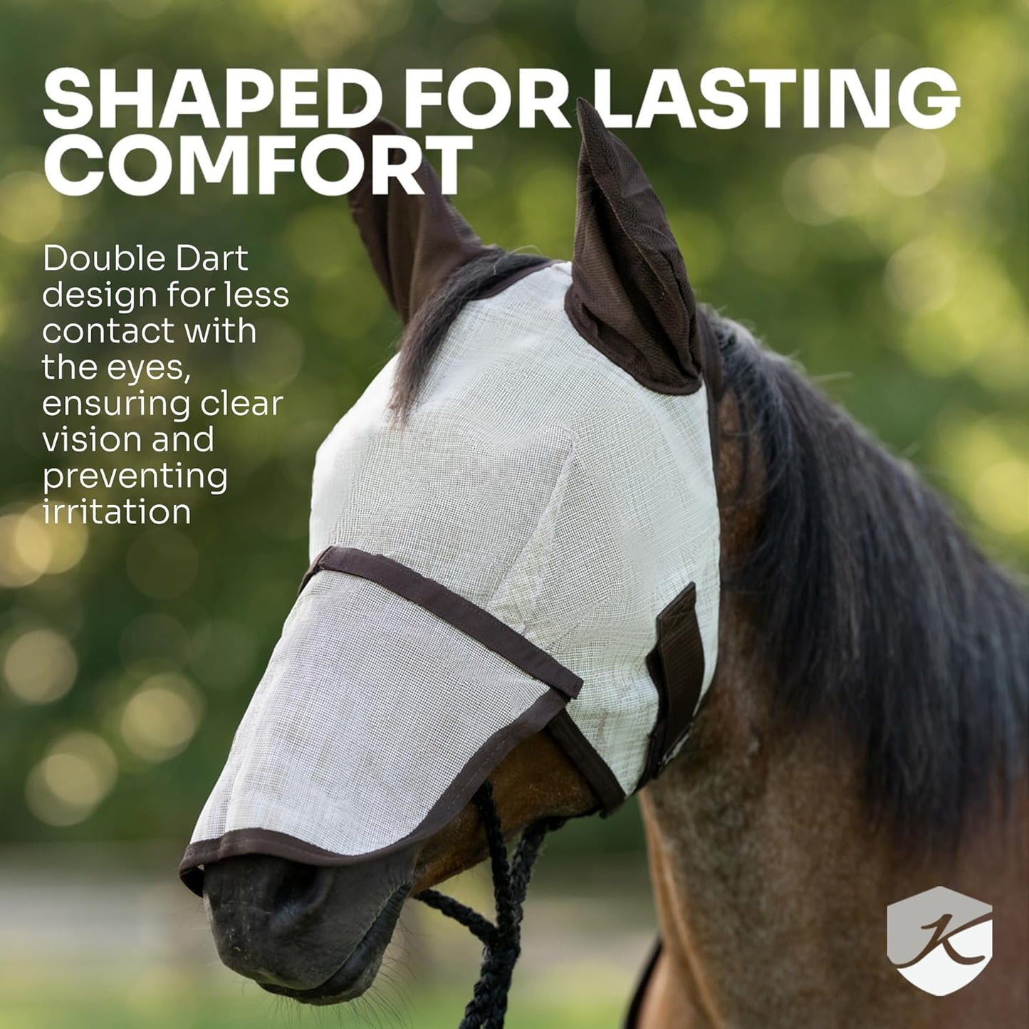Kensington Signature Fly Mask with Removable Nose — Protects Horses Face and Nose from Biting Insects and UV Rays While Allowing Full Visibility — Ears and Forelock Able to Come Through The Mask