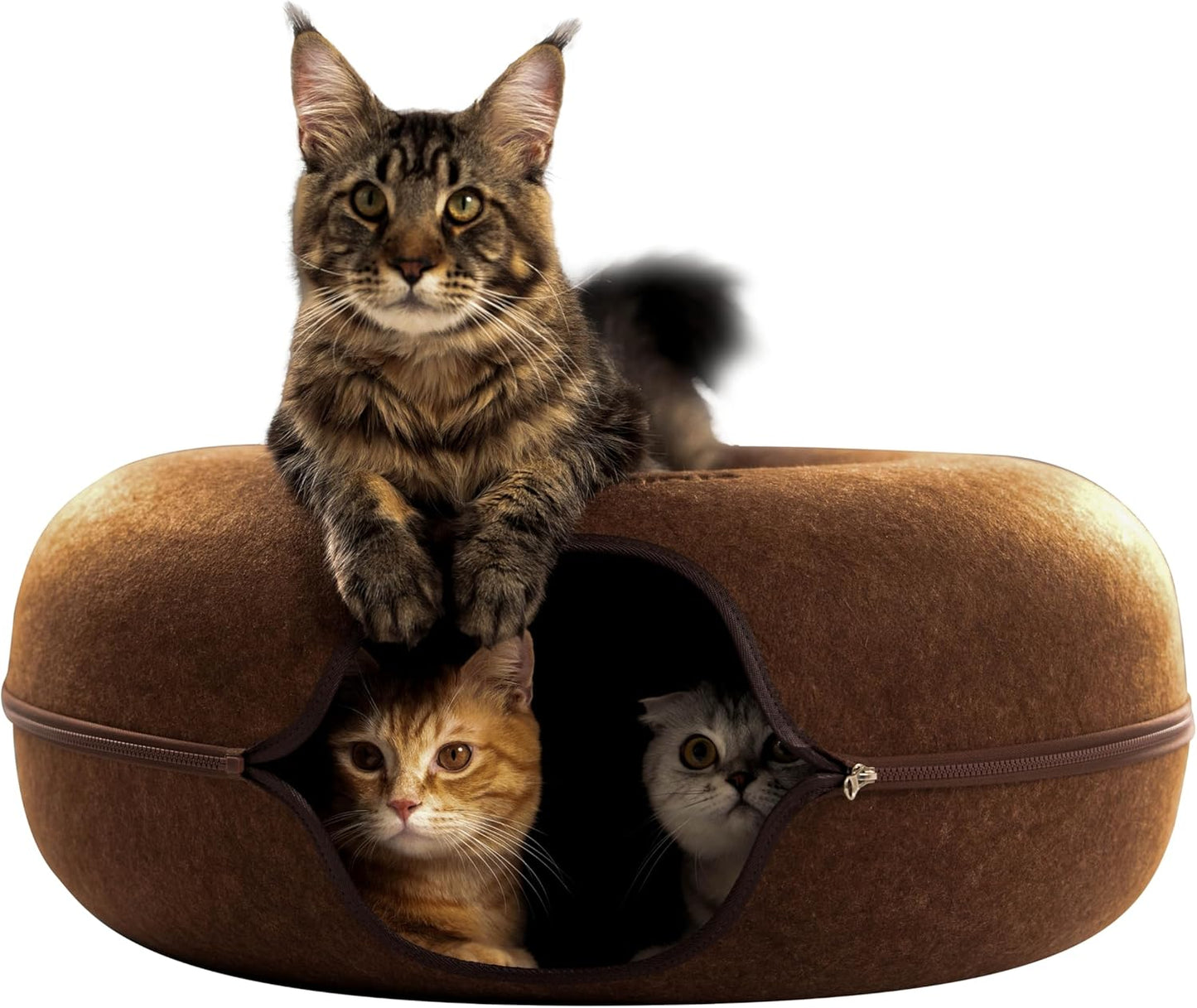 Cattasaurus Peekaboo Cat Cave for Multiple & Large Cats Up to 30-45 Lbs, Scratch Detachable & Washable Tunnel Bed, Comfy Donut Cat Cave (Brown, Jumbo)
