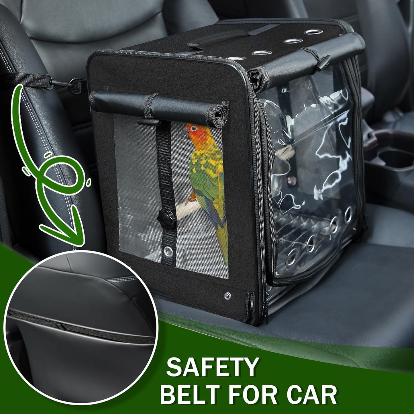 Suertree Bird Carrier with Seat Belt for Car Travel, Bird Backpack Carrier with Indestructible Stainless Steel Mesh, Large Bird Carrier Travel Cage, Black