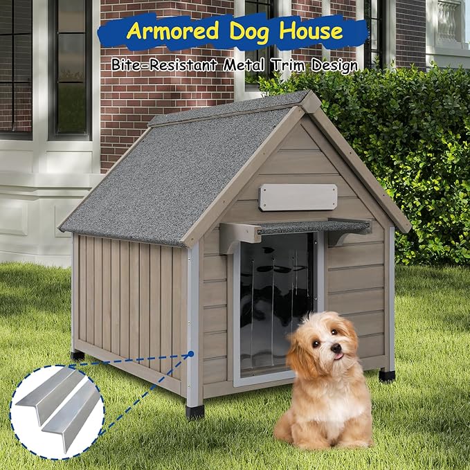 Outdoor Dog House Waterproof for Medium Small Dogs with Anti-Chewing Iron Frame, Adjustable Vent Window, Indoor & Outdoor Doghouse Kennel Puppy Shelter, Easy Clean and Assemble (26" L*31.9" W*32" H)