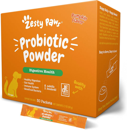 Zesty Paws Probiotics for Dogs - Powder Meal Topper for Digestive, Immune System Support - Premium DE111 Dog Probiotics for Digestive Health - Inulin Fiber & Yeast Extract - Pumpkin Flavor - 30 Ct