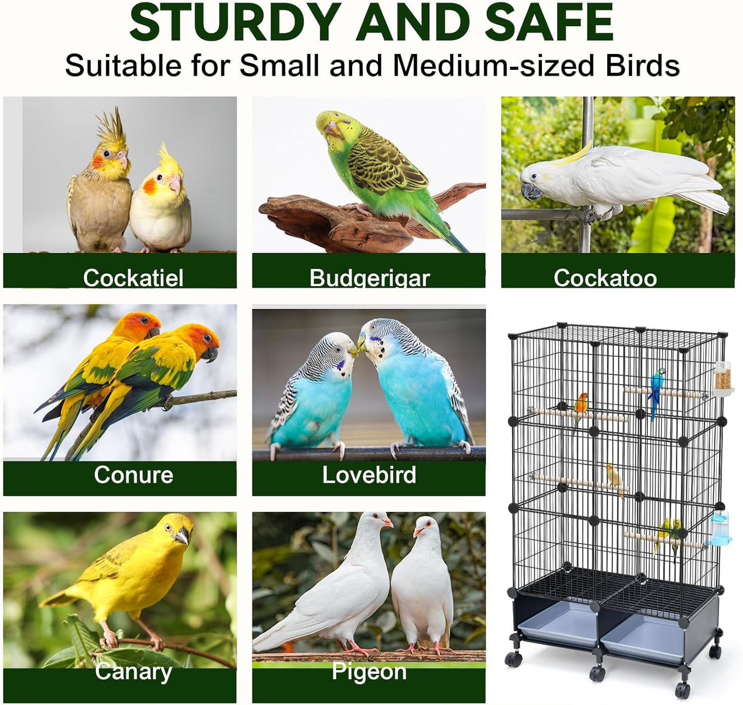 46-Inch Bird Cage, with Wooden Perches, Metal Parakeet Cage with Slide-Out Tray, Water Bottle & Feeder, Bird Cages for Parrot, Parakeets, Cockatiel, Lovebird, Pigeon and Small Mid-Sized Birds