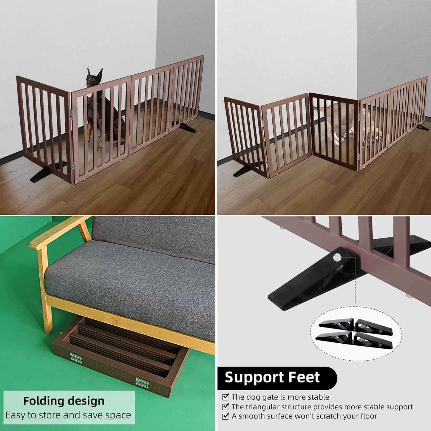 ZJSF Freestanding Indoor Dog Gate for House Foldable Wood Puppy Gate for Doorways Pet Gate for Stairs Extra Wide Pet Fence, Brown, 32" Height 4 Panels