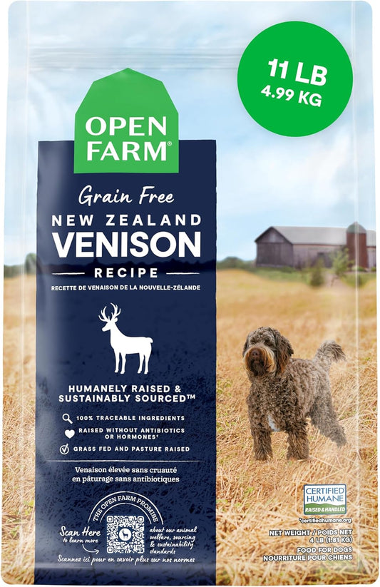 Open Farm, Grain-Free Dry Dog Food, Complete & Balanced Kibble, Sustainably & Ethically Sourced Ingredients, Non-GMO Veggies & Superfoods Support Overall Health, New Zealand Venison Recipe, 11lb Bag