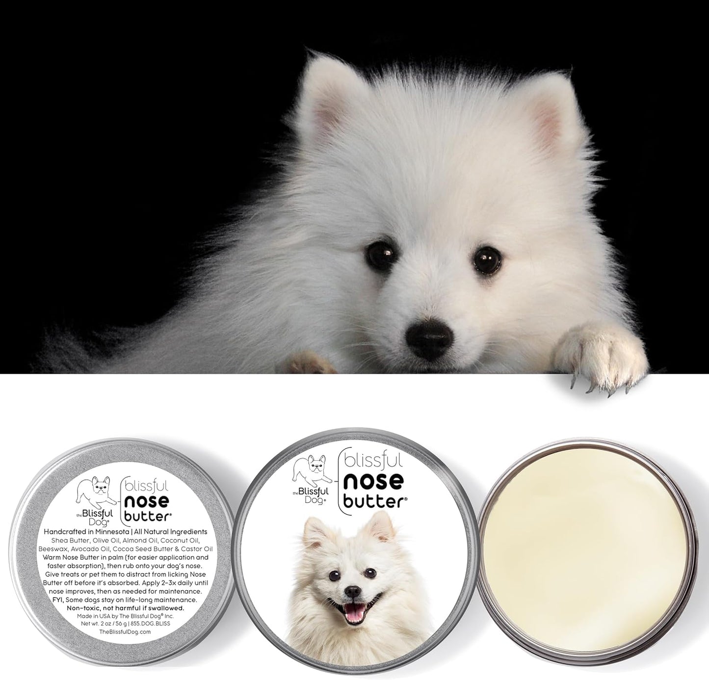 The Blissful Dog American Eskimo Nose Butter for Dry, Cracked Skin, Lick-Safe Dog Nose Balm with Moisturizing Shea Butter, Almond, Olive, and Essential Oils, Pet Supplies, Uncented, 2 oz.