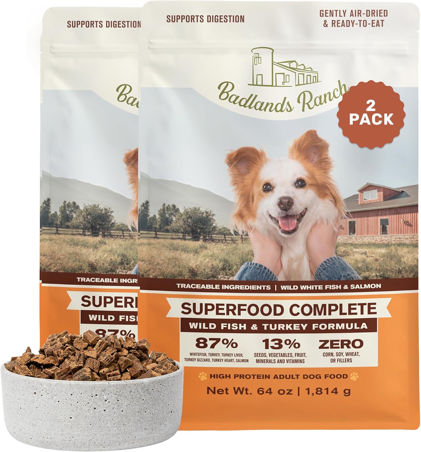 BADLANDS RANCH by Katherine Heigl- Superfood Complete, Air-Dried Adult Dog Food - High Protein, Zero Fillers, Superfood Nutrition (64 Ounce (Pack of 2), Fish & Turkey)