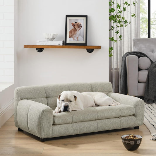 Dog Couch Bed, Mini Sofa for Dogs with Backrest and Armrest, Durable Pet Sofa with Soft Foam Cushion, Elevated Dog Couch Bed with Legs for Medium and Large Dogs, Beige