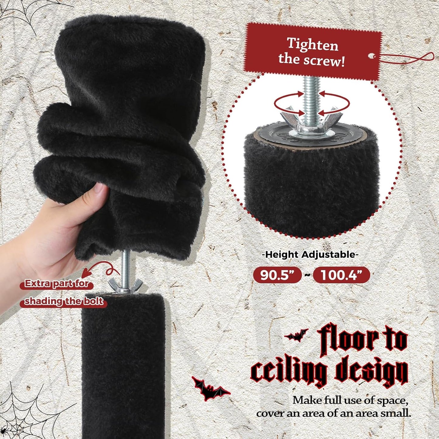 PEQULTI Tall Cat Tree, Floor to Ceiling Cat Tree Tower Adjustable [90.5''-100.4''=230-252CM] with Cat Condo, Hammock and Scratching Post, Gothic Cat Climbing Tree for Indoor Large Cats, Black