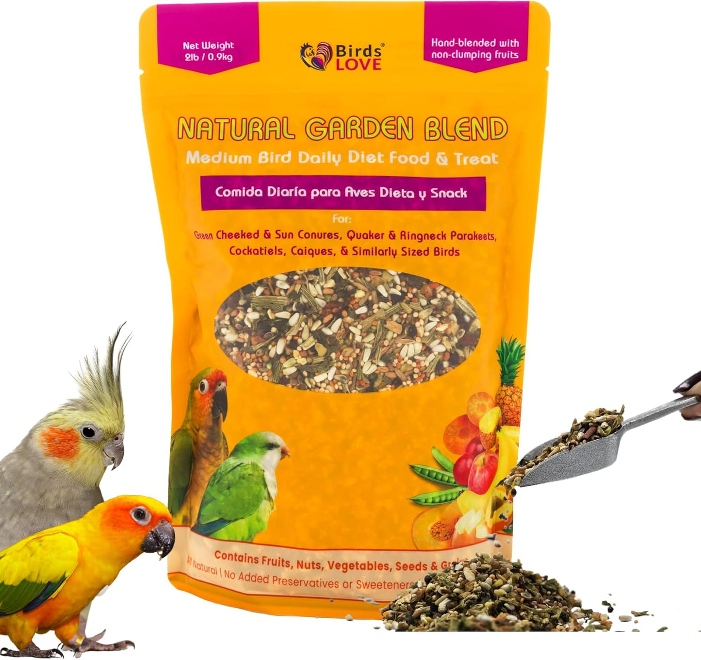 Birds LOVE All Natural Garden Blend Bird Food for Medium Birds - Cockatiels, Green Cheek Conures, Ringneck Parakeets and Small Quakers 2lb