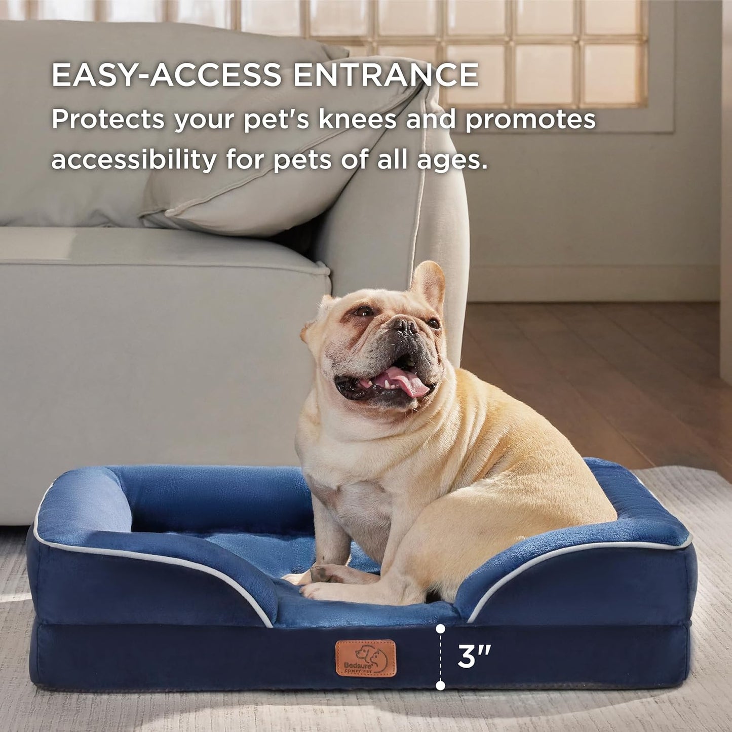 Bedsure Orthopedic Dog Bed Medium Size Dogs - Washable Medium Dog Cat Bed Waterproof, Comfort Pet Couch Sofa with Washable Removable Cover, Pets Bed with Nonskid Bottom, Blue Navy, 28"