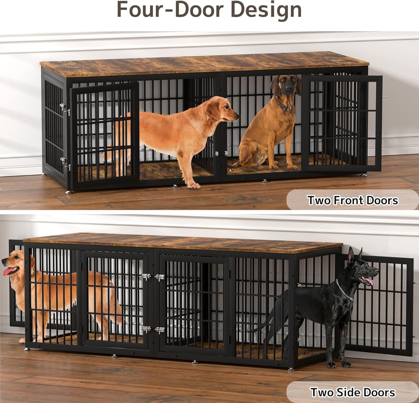 78 Inch Double Dog Crate Furniture, Heavy Duty Extra Large Cage Furniture with Divider for 2 Dogs, Decorative Wooden Kennel Furniture Indoor, Metal Pet House for Large and Medium Dogs
