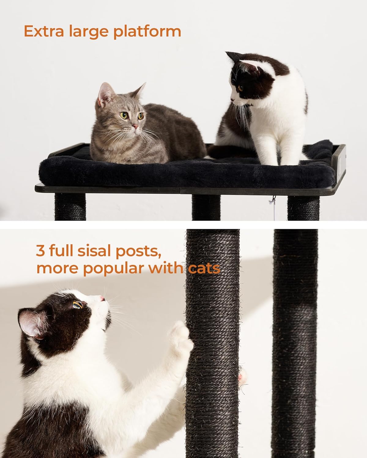 FourFurPets 26.7in Cat Tree Tower Condo, Cat Scratch Posts for Indoor Cats, Big Plate, Three 23.6in Full Sisal Scratching Posts, Black