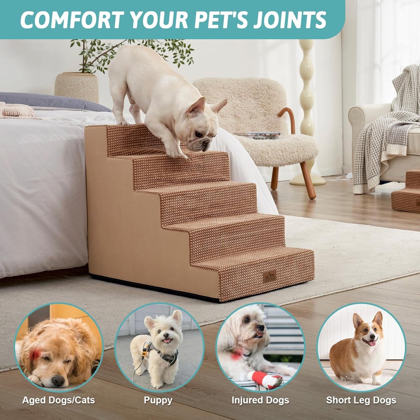 Dog Stairs for Small Dogs, 5 Tier Wider Pet Stairs for High Beds, 23.6" H Non-Slip Dog Steps for Old Cats, Puppies, Small Medium Dogs, 29.5x19.7x23.6 inch, Light Brown