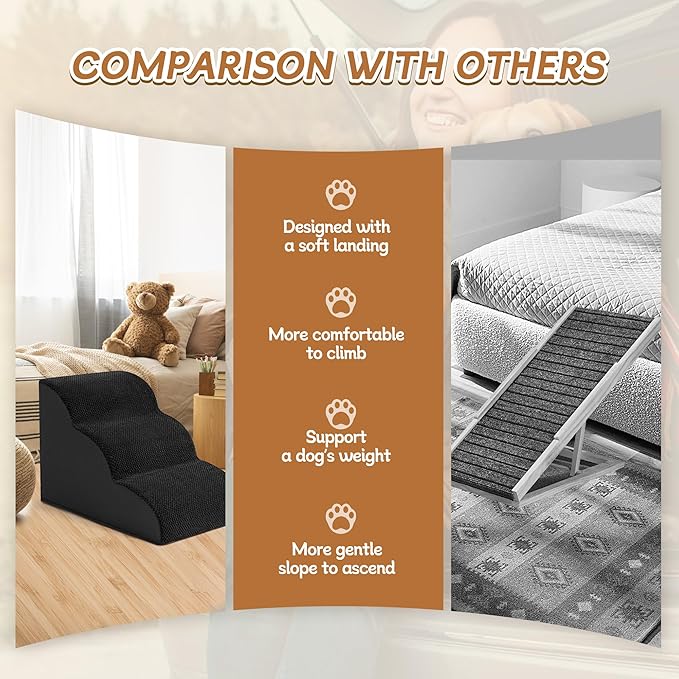 Romrol Dog Stairs Ramp for High Beds Couches, High Density Foam Pet Steps with Durable Non-Slip Waterproof Fabric Cover, Dog Stairs for Small Dogs or Cats or Pets, 3-Step,15 Inch,Black