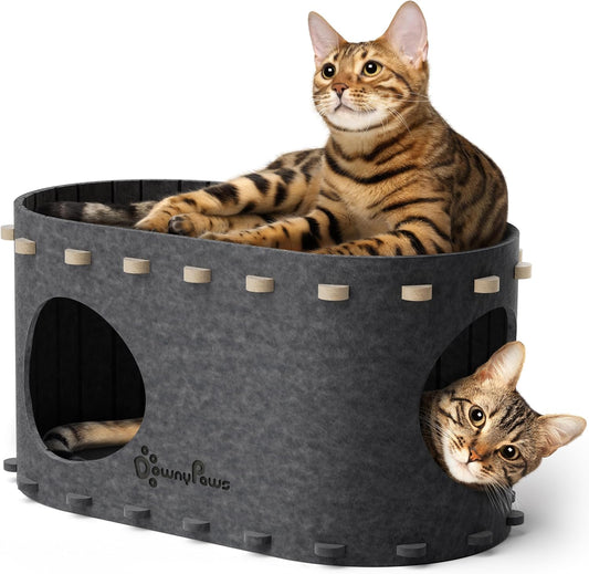 DownyPaws Cat House for Indoor Cats, Cat Bed Cave for Multiple & Large Cats Up to 22 Lbs, Scratch Resistant Peekaboo Cat Caves, Foldable Tunnel Enclosed Bed, PeekaPurr, Sesame Gray