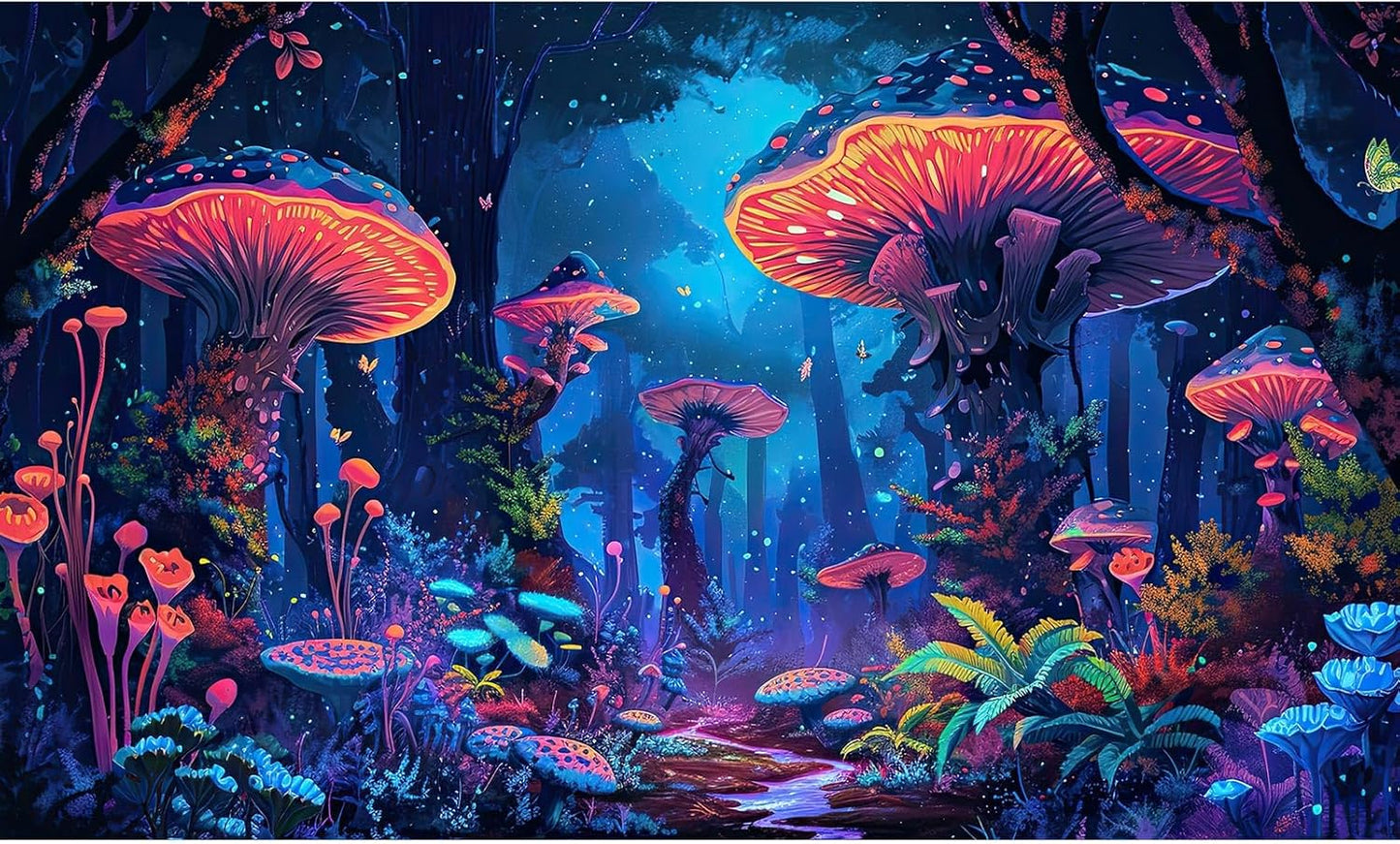 Mushrooms Aquarium Background Fantasy Bright Flowers Butterflies Fish Tank Backdrop Decoration Poster Trippy Wonderland Landscape with Giant Mystical Mushrooms Terrarium Background Decor 48x20in