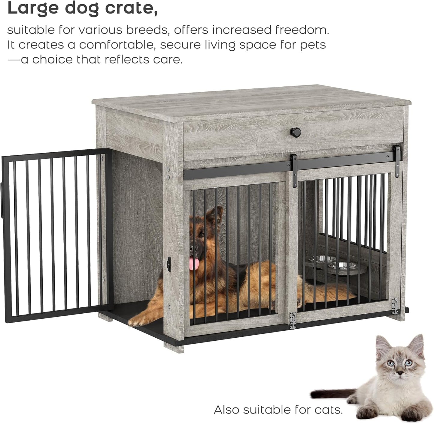 Large Dog Crate with Sliding Door, Furniture-Style Wooden Indoor Kennel, Integrated Side Table & Drawer, Secure Lock, 360° Rotating Bowl, Modern Pet House - Ideal for Home Decor (Grey)