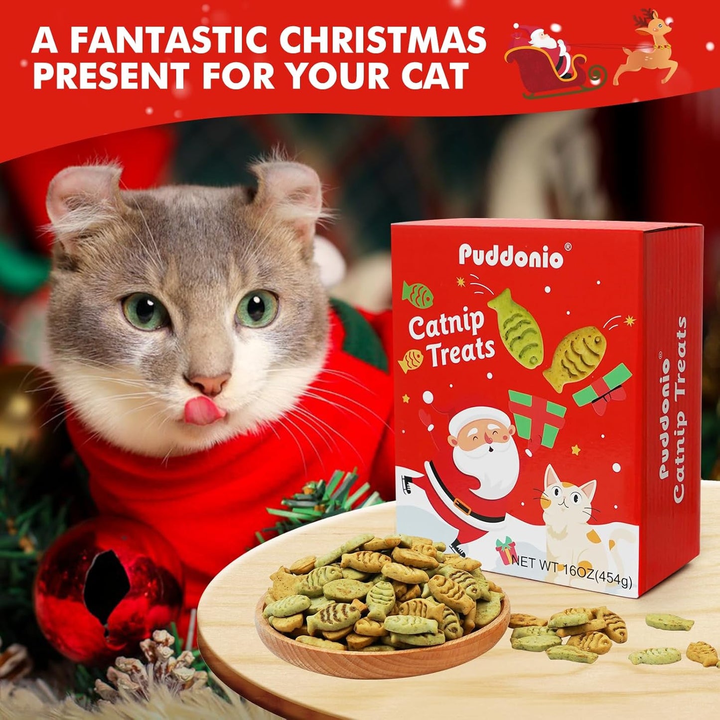 Christmas Catnip Cat Treats, Chicken and Salmon Flavor, Cat Gifts for Christmas, Crunchy Fish Shape Adult Biscuits, 16 oz